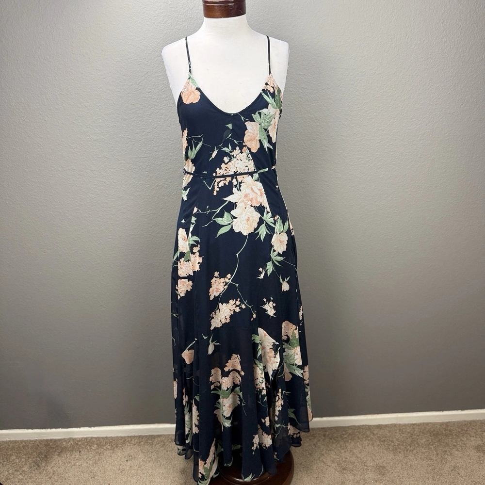 Sleeveless Navy Floral Maxi Dress with Peach Blooms - Picture 2 of 4